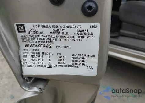 2003 GMC Sierra 1500 z USA, uszkodzony, nr VIN 2GTEC19XX31344852